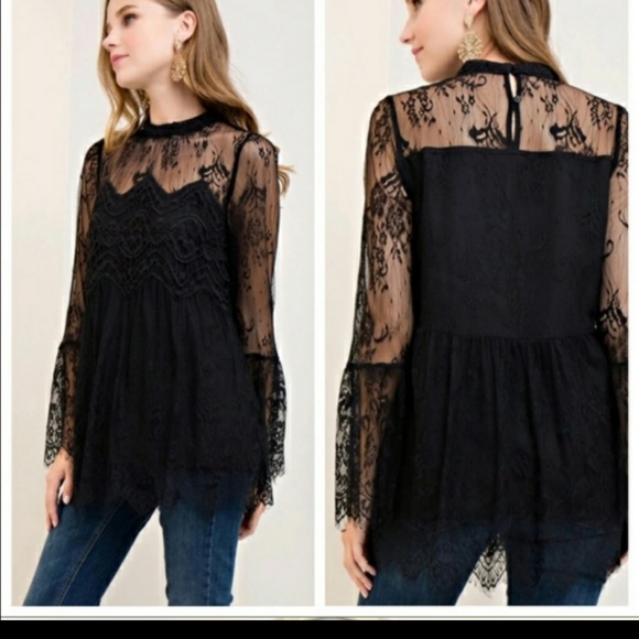 Vici Tops - **SOLD**Entro black lace crochet trim bell sleeve top NWT